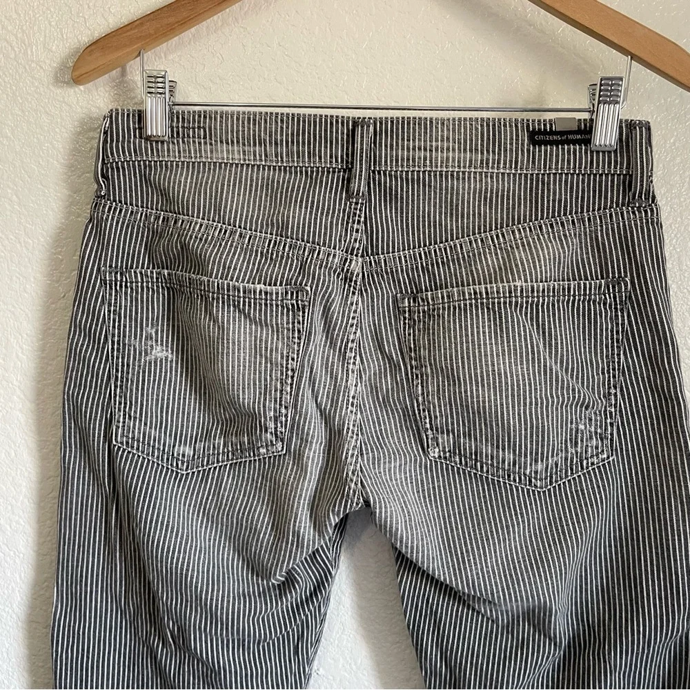 Citizens of Humanity Pinstripe Dylan Boyfriend Distressed Jeans Ankle Crop Grey